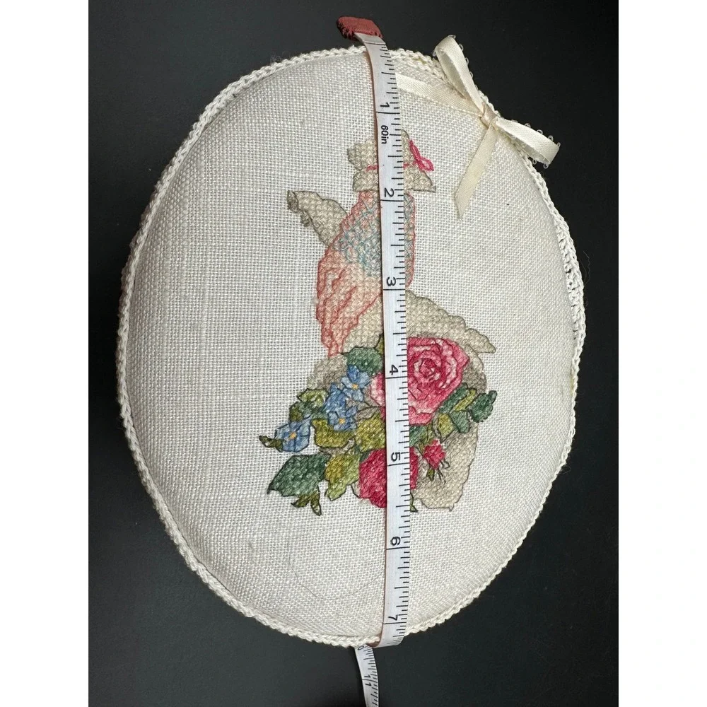 VintageVictorian Style Hand Cross Stitch Bentwood Trinket Box Floral Cottagecore